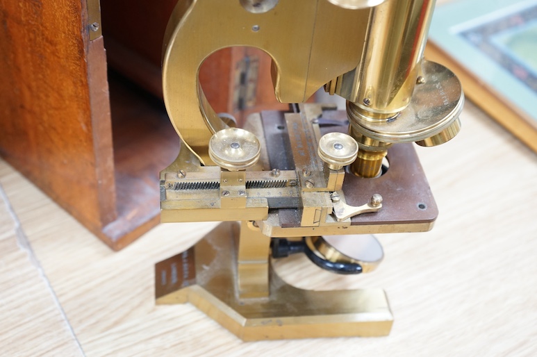 An R&J Beck London cased brass microscope, 31cm high. Condition - good